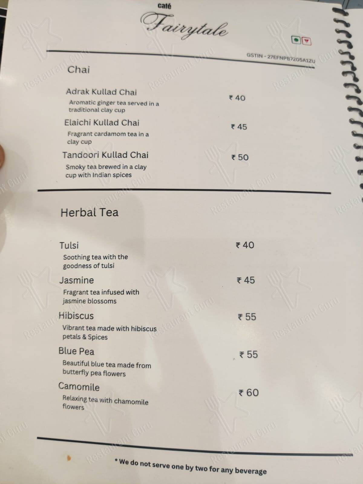 Menu for the Cafe Fairytale cafe