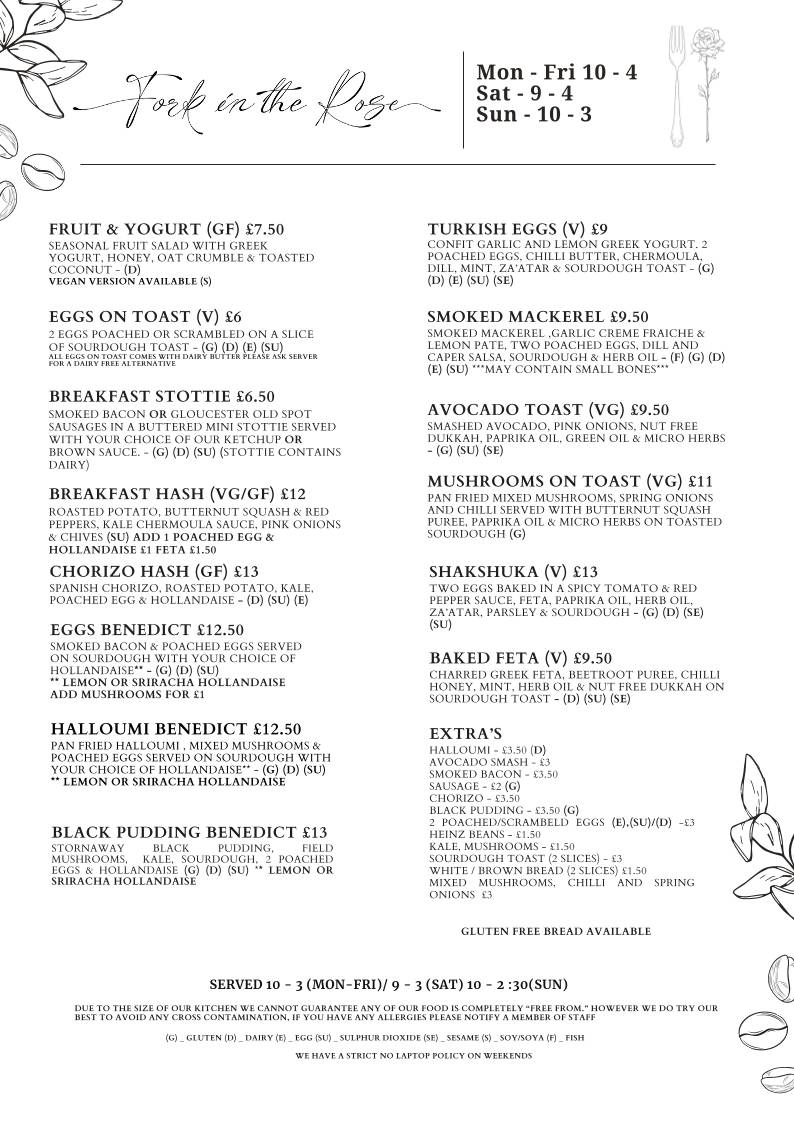 Menu at Fork in the Rose cafe, Newcastle upon Tyne