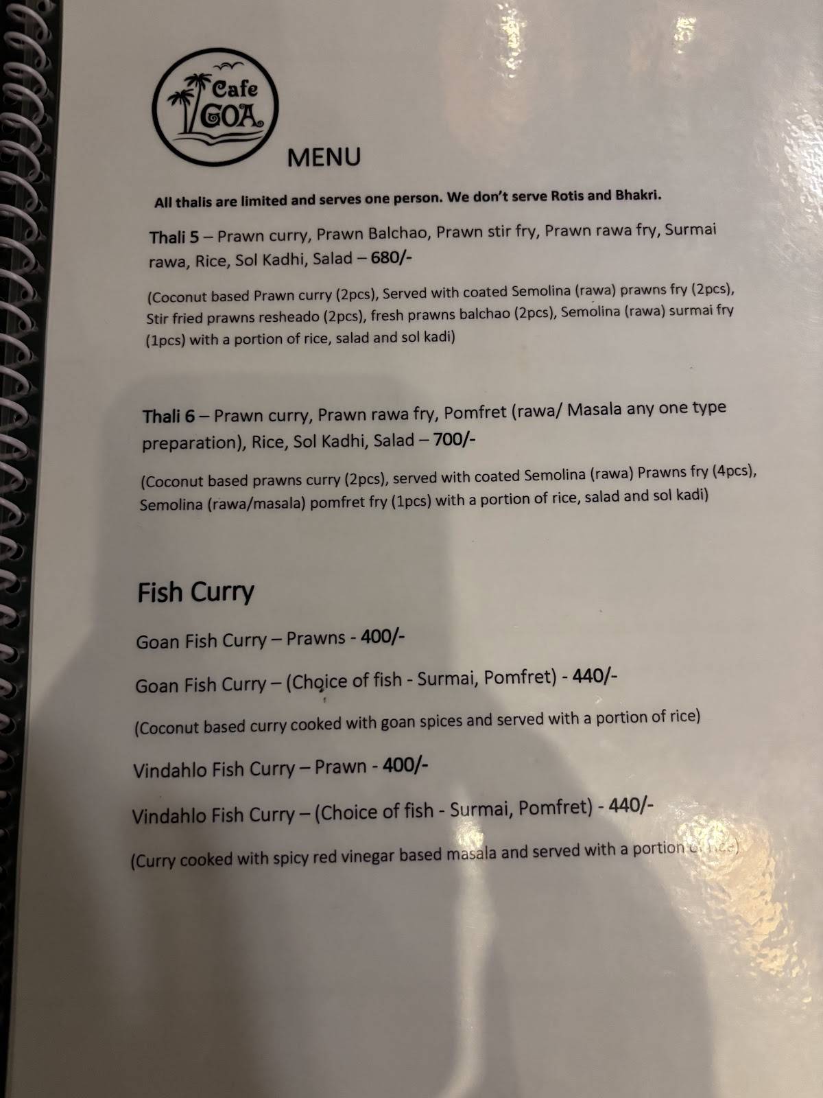 Cafe Goa menu