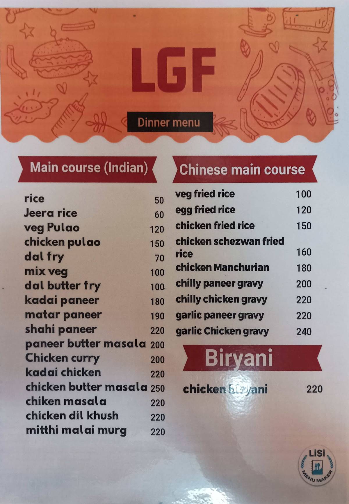 LGF café & Restaurant menu