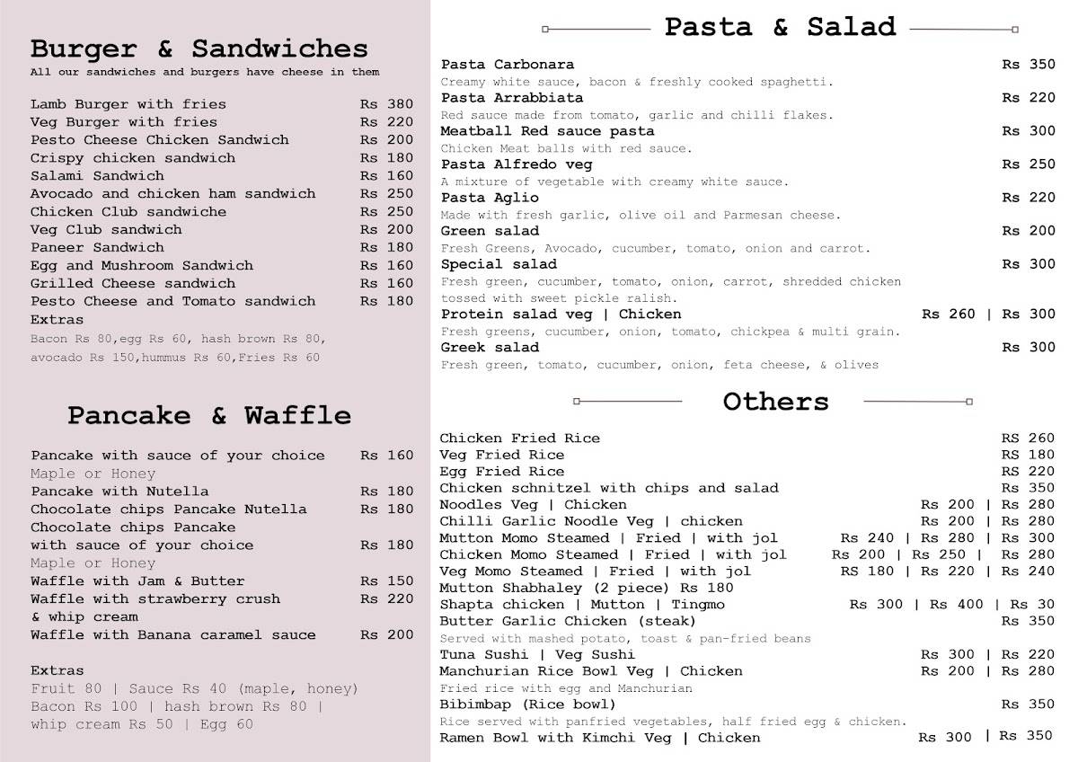 Mingma's, Manali menu