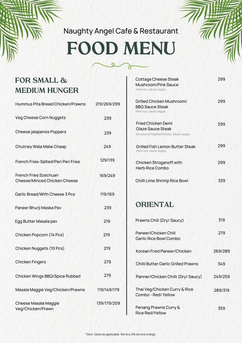 Naughty Angel Cafe menu