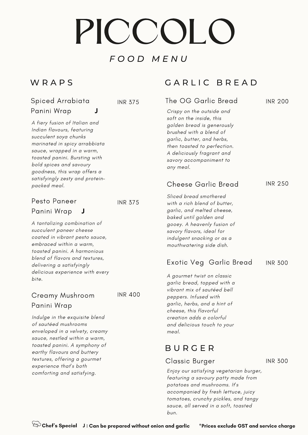 Piccolo Cafe menu