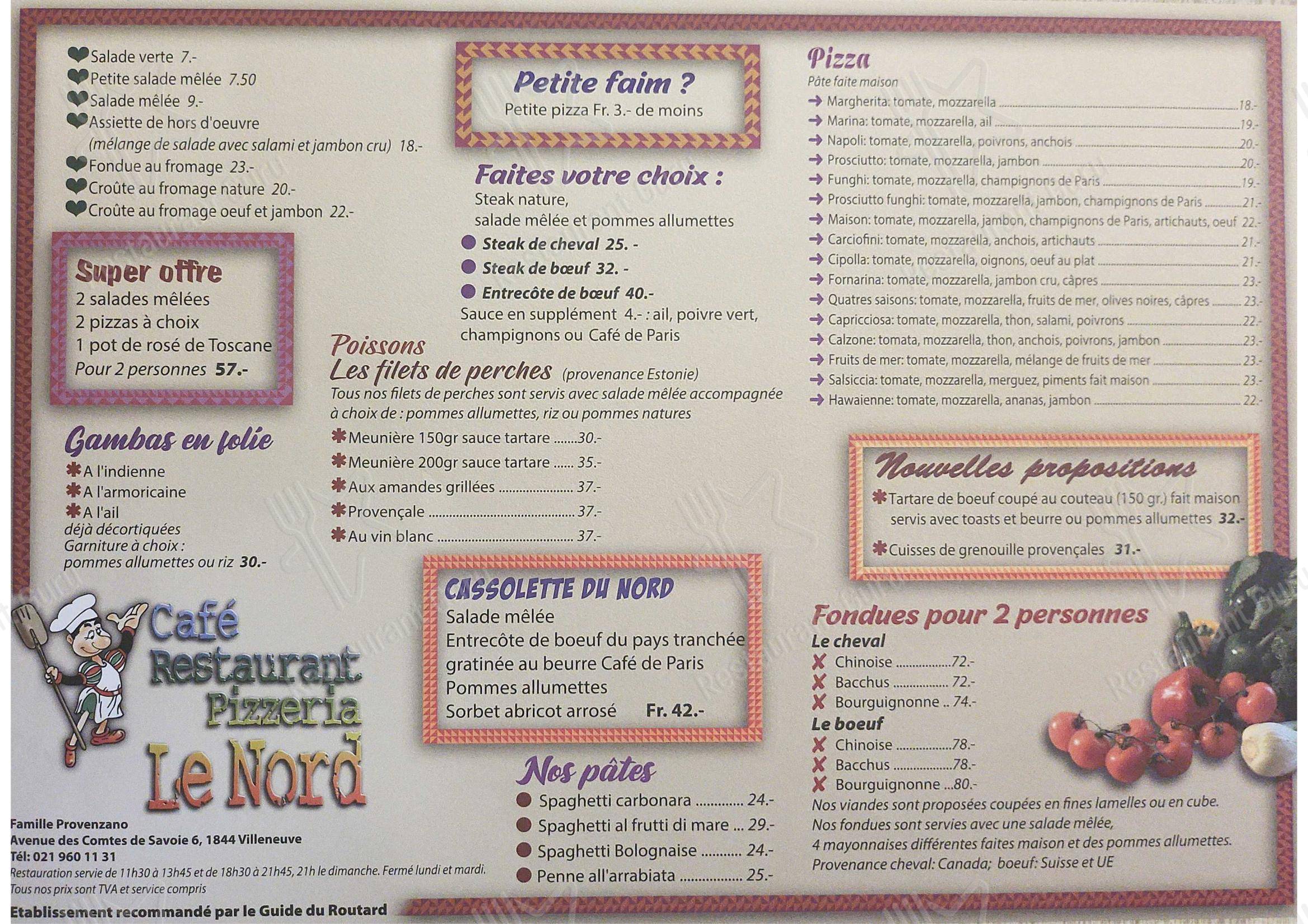 Menu per Café Restaurant du Nord in Villeneuve