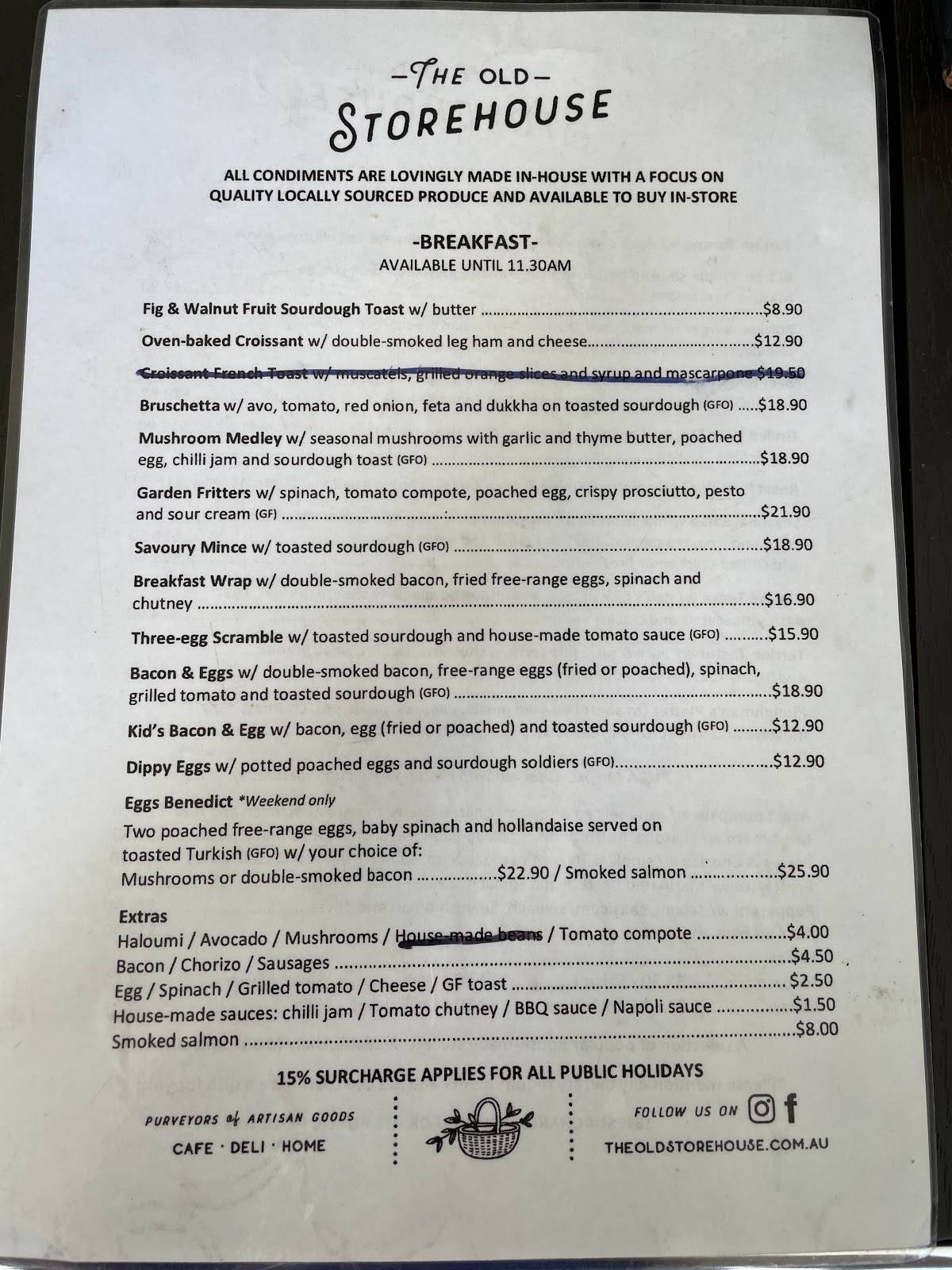 Menu at The Old Storehouse cafe, Dayboro, 30 Williams St