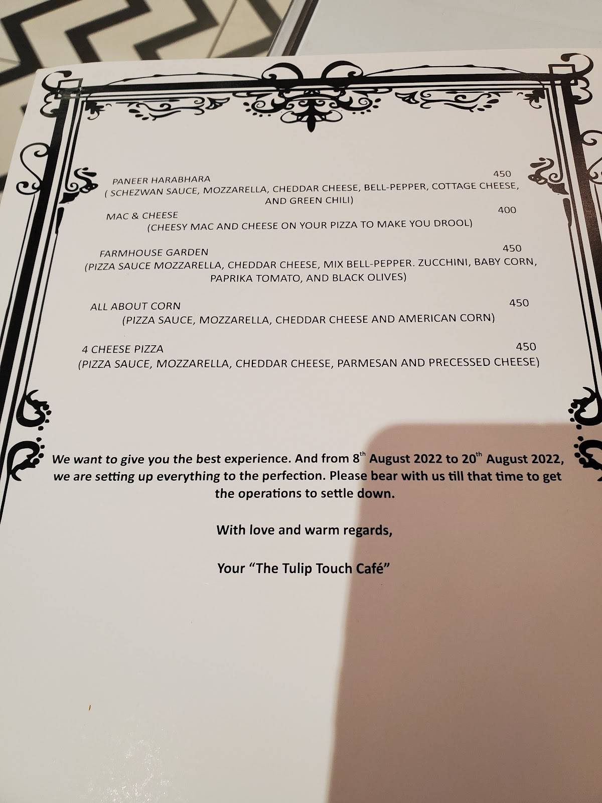 The Tulip Touch Café menu