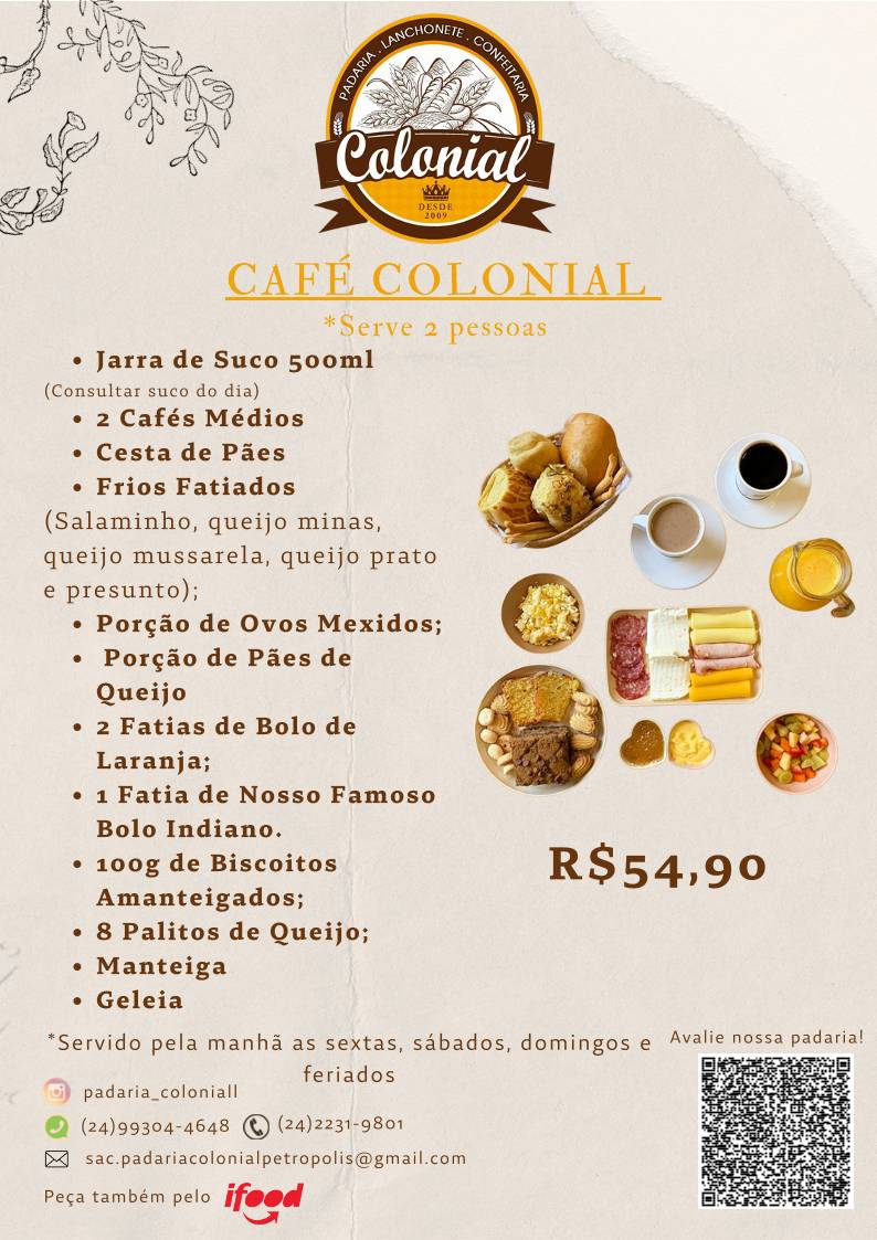 Padaria Colonial em Petrópolis cardápio