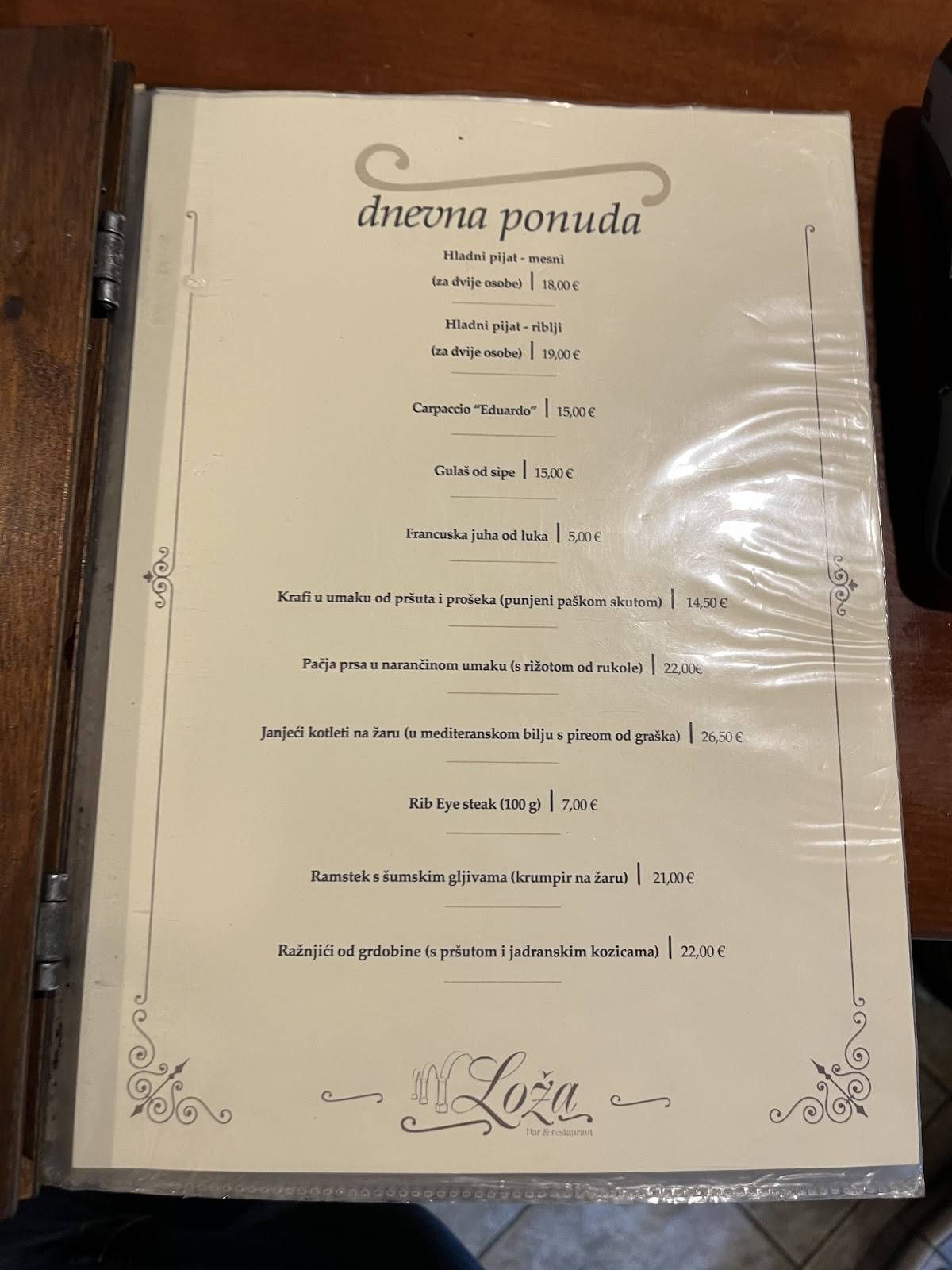 Menu di Caffe bar Loža 