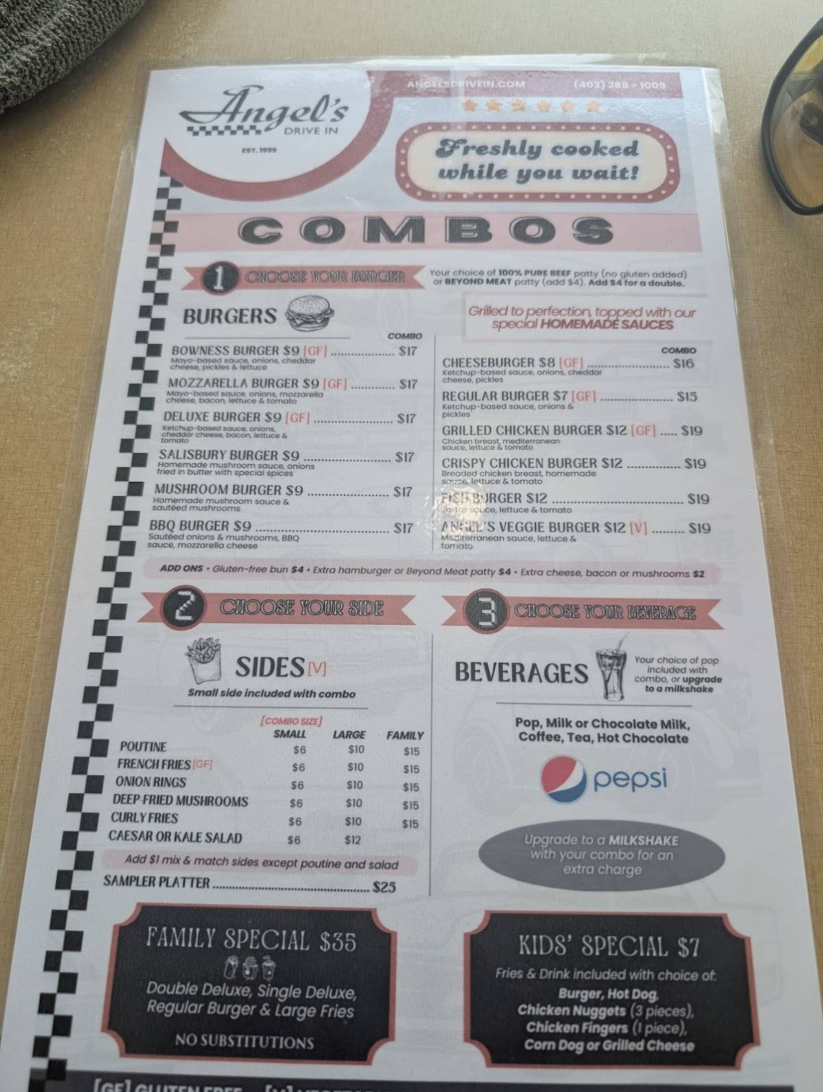 Menu de Angel's Drive In