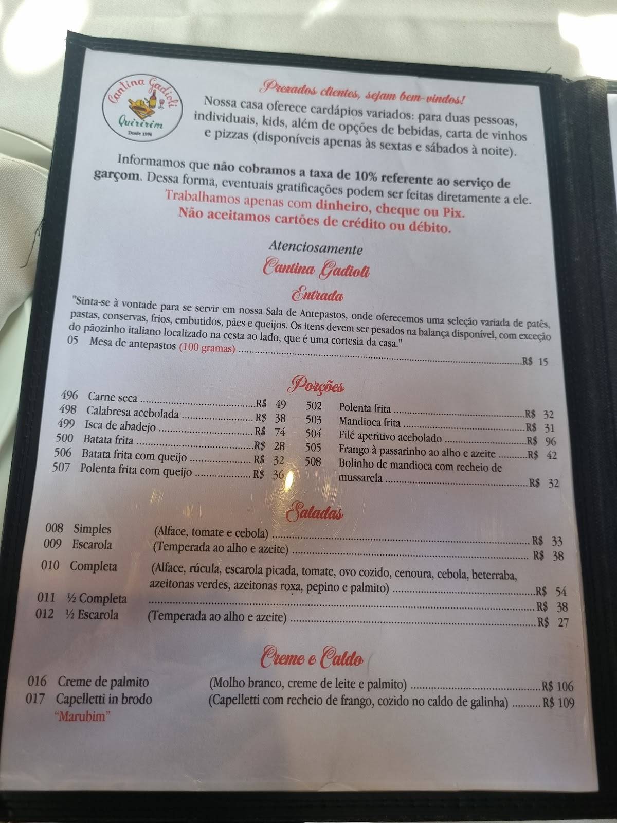 Cantina Gadioli cardápio