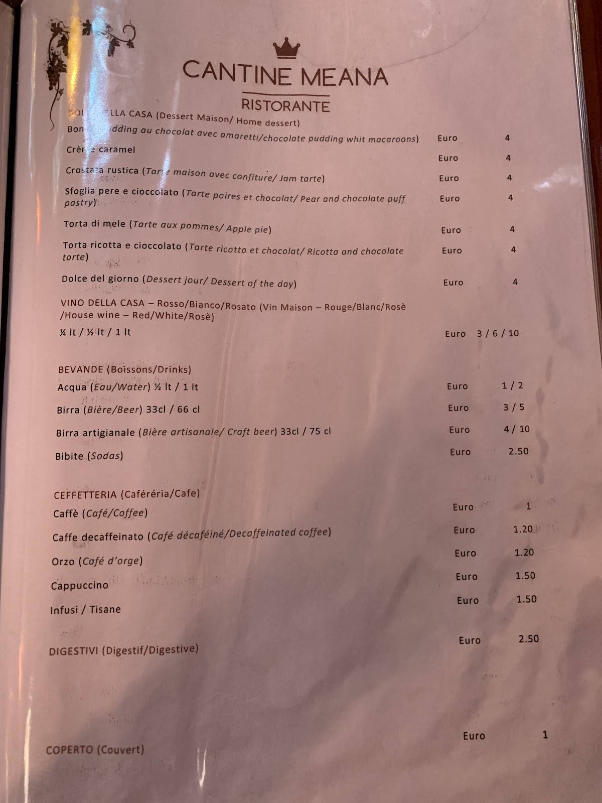 Menu di Cantine Meana 