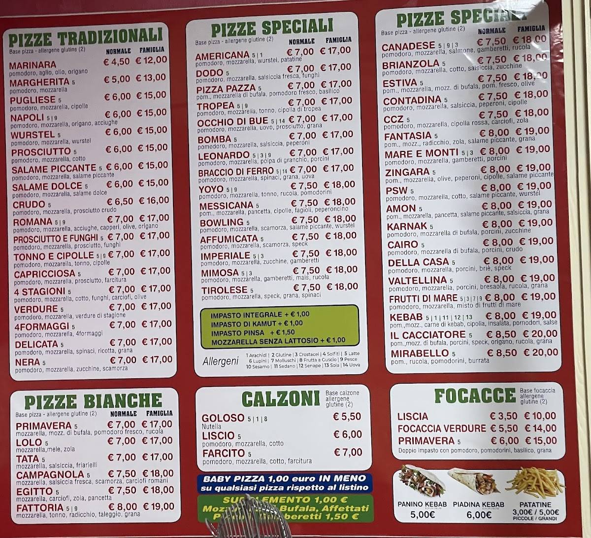 Menu di Mirabello - pizzeria d'asporto 