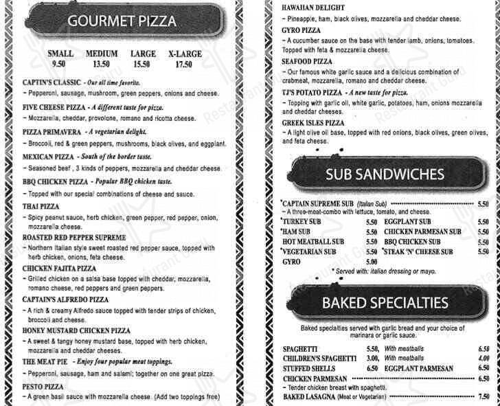Menu at Captain Tony's Pizza pizzeria, Cleveland, Shaker Square