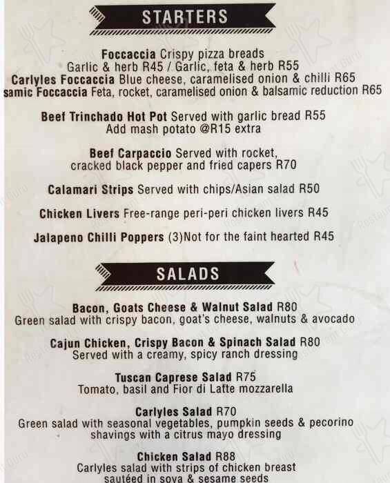 Menu de Carlyles On Derry