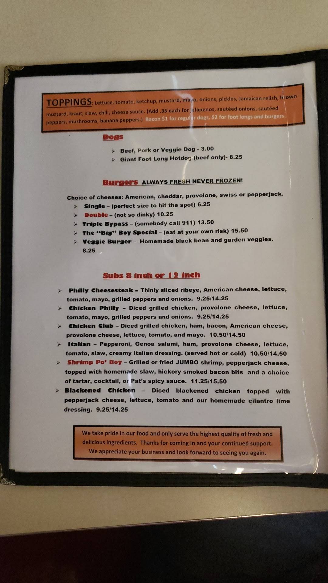 Menu at Pop's Diner restaurant, Carolina Beach