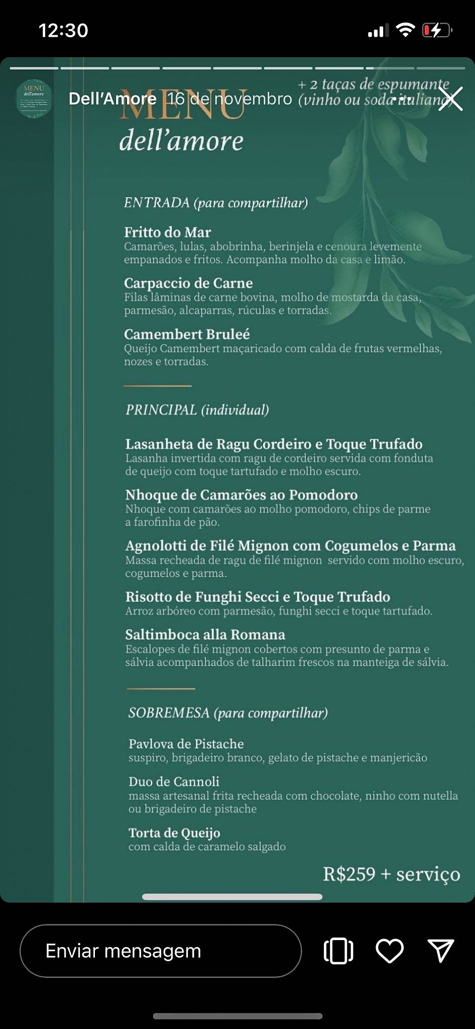 Casa Fontana cardápio