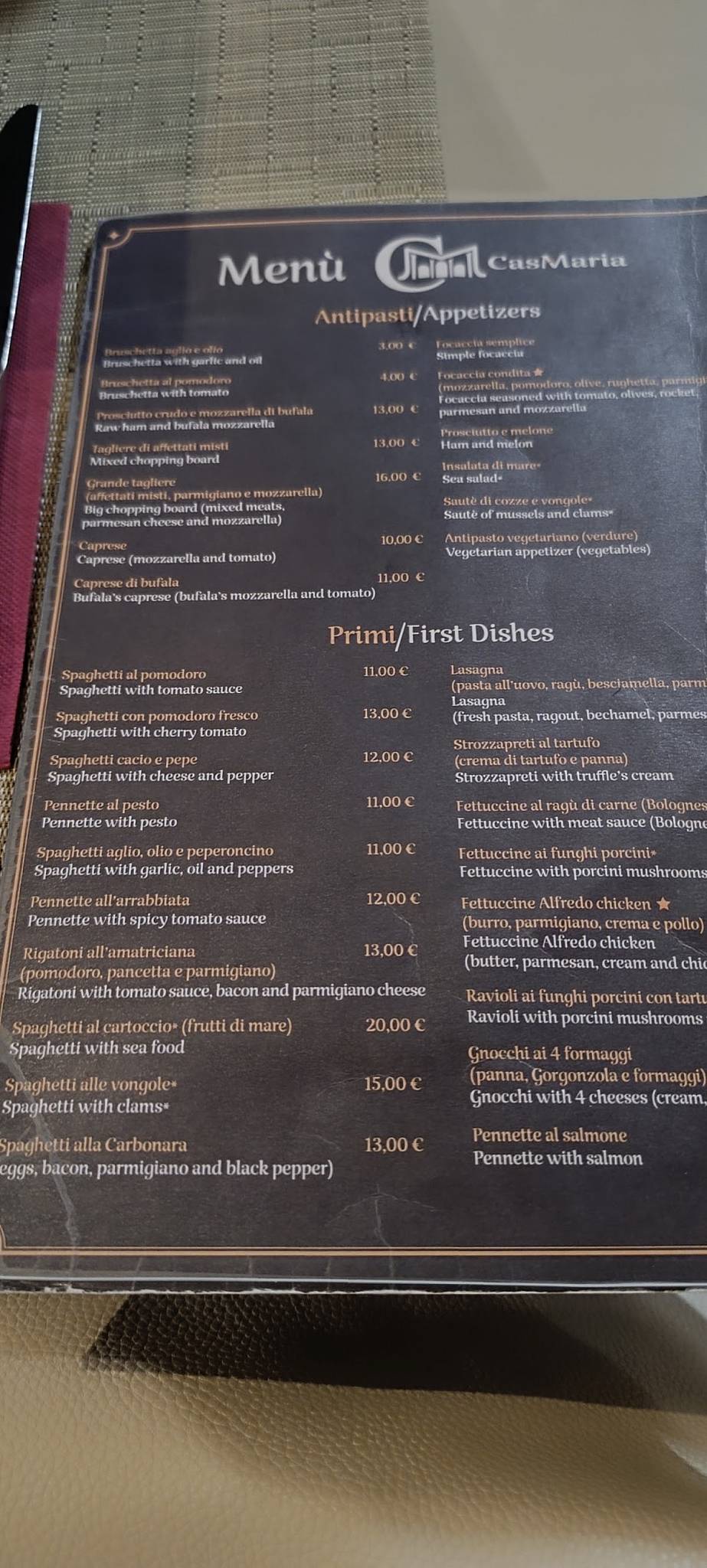 Menu de Casa Maria