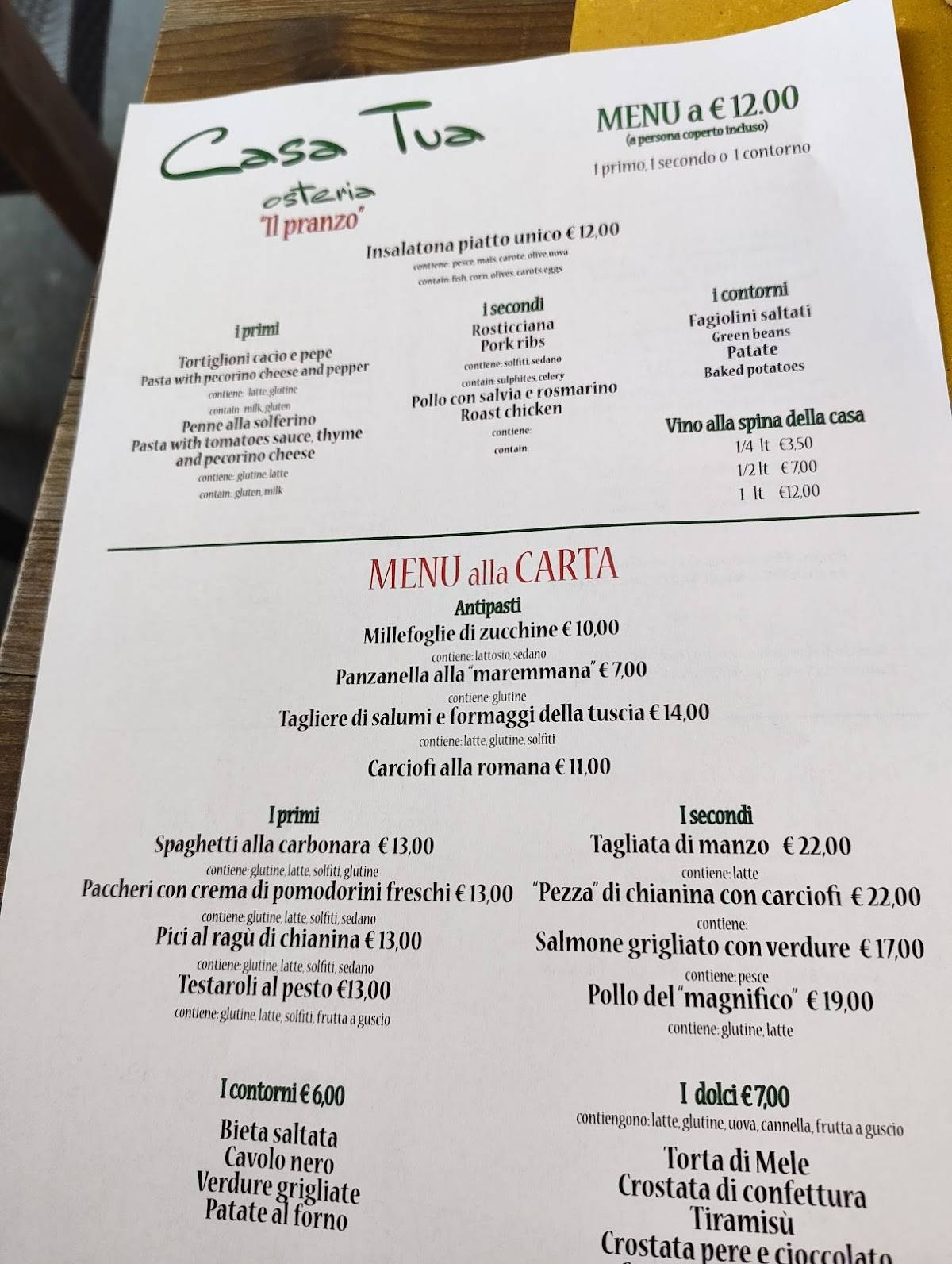 Menu di Casa Tua Osteria 