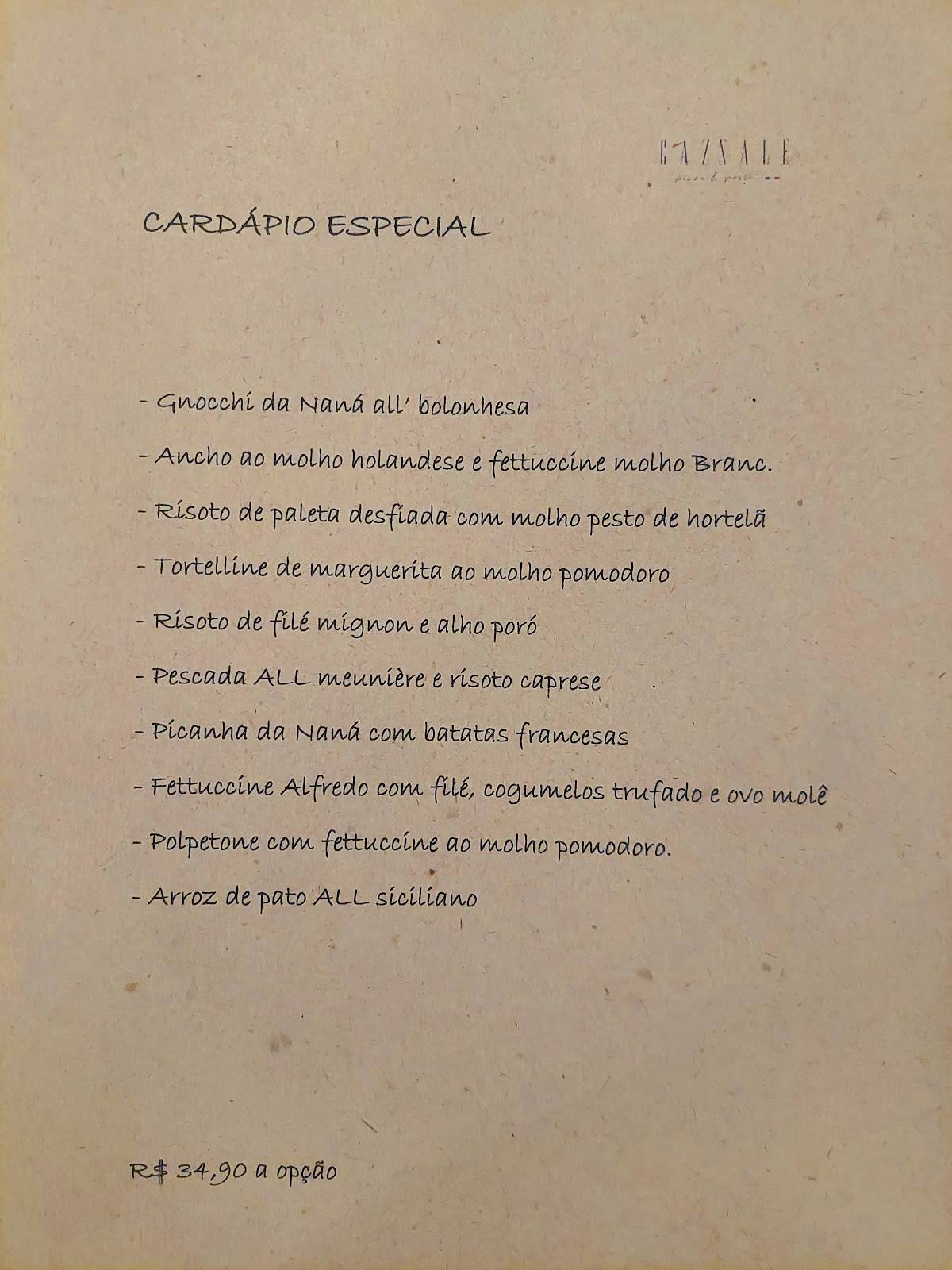 Cazzale Pizza & Pasta - Loja 1 cardápio