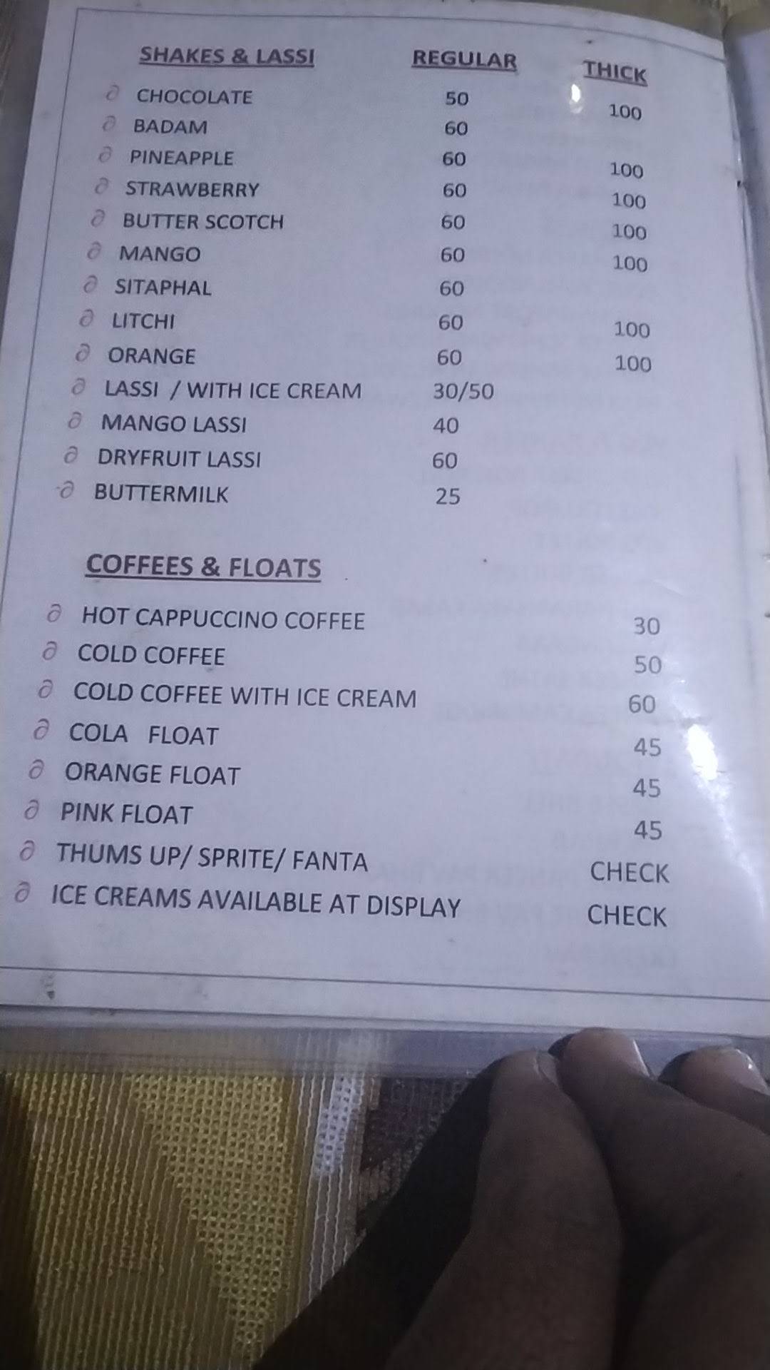 Celebrations Cafeteria menu
