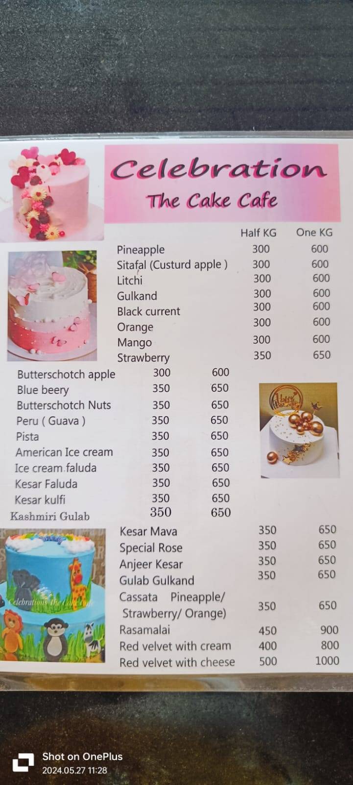 Celebrations The Cake Cafe menu