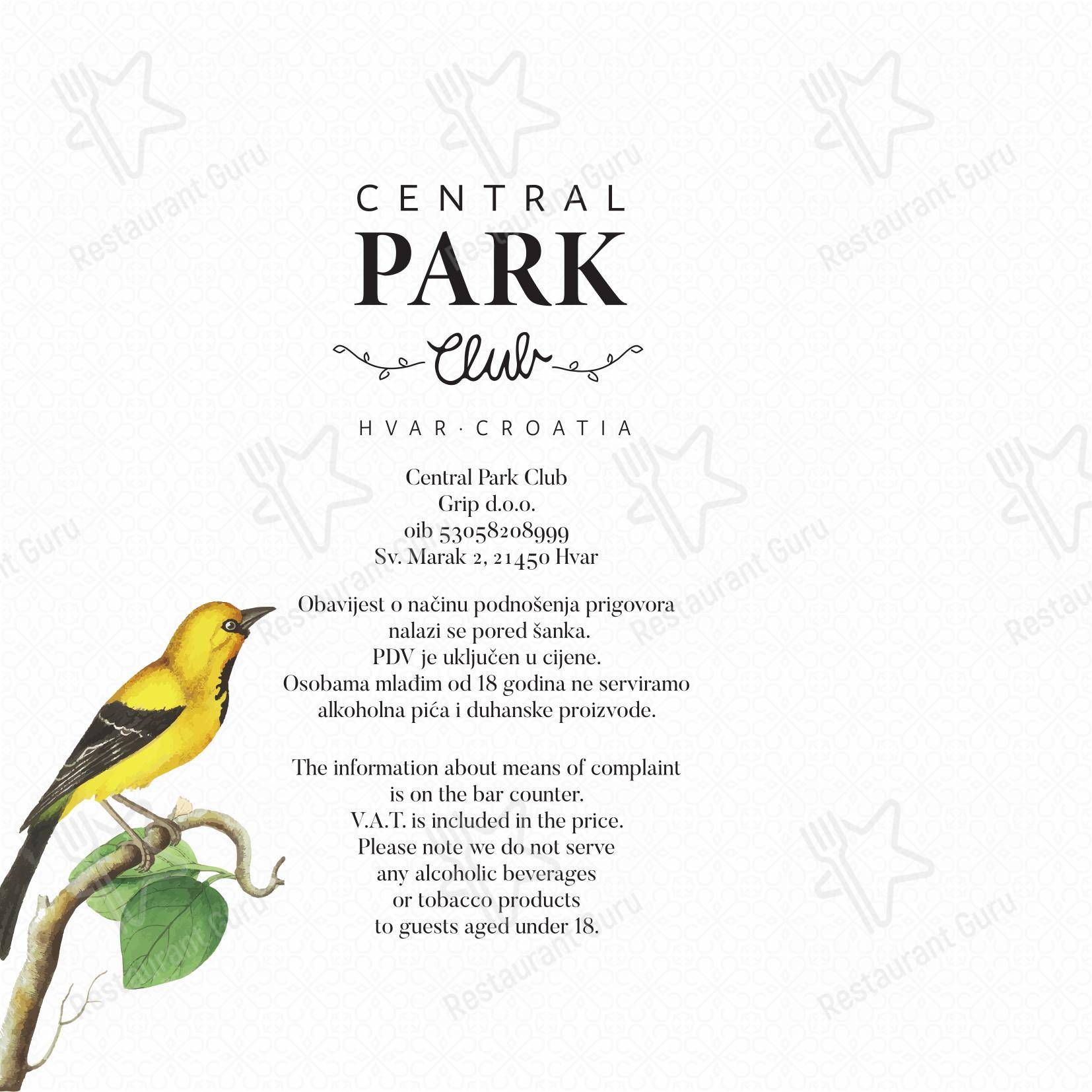 Menu per Central Park Club, Hvar pub & bar