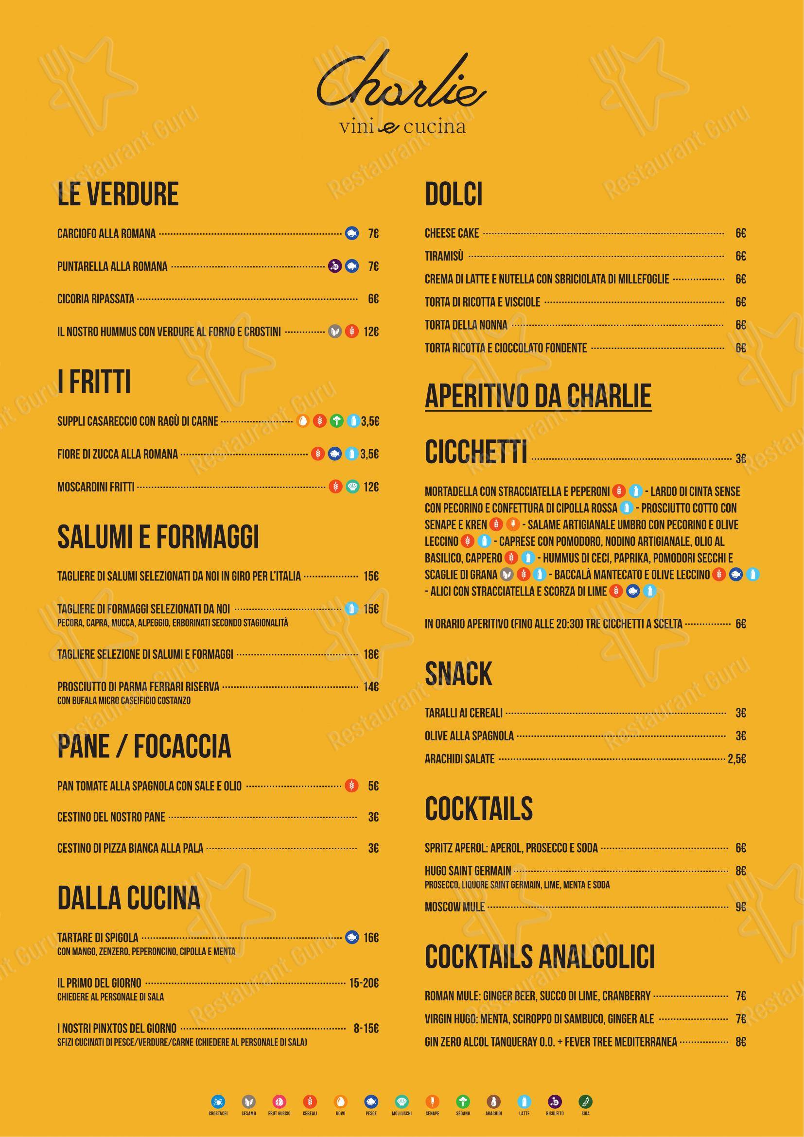Menu per Charlie Vini & Cucina in Roma