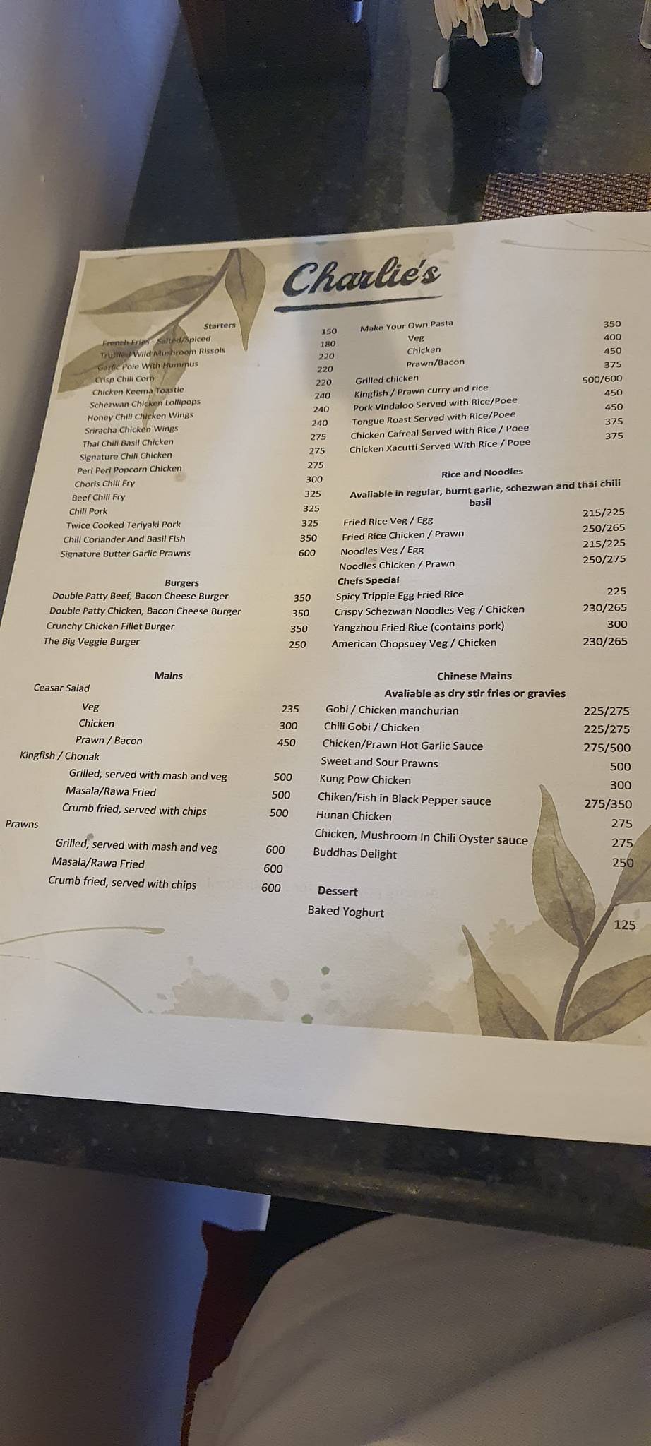Menu at Charlie's Bar and Restaurant, Aldona