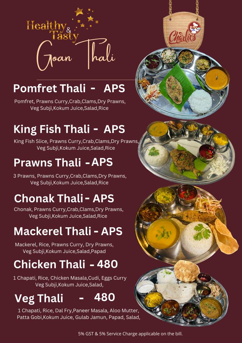 Charlie's Restaurant and Bar Restaurant in Vagator menu