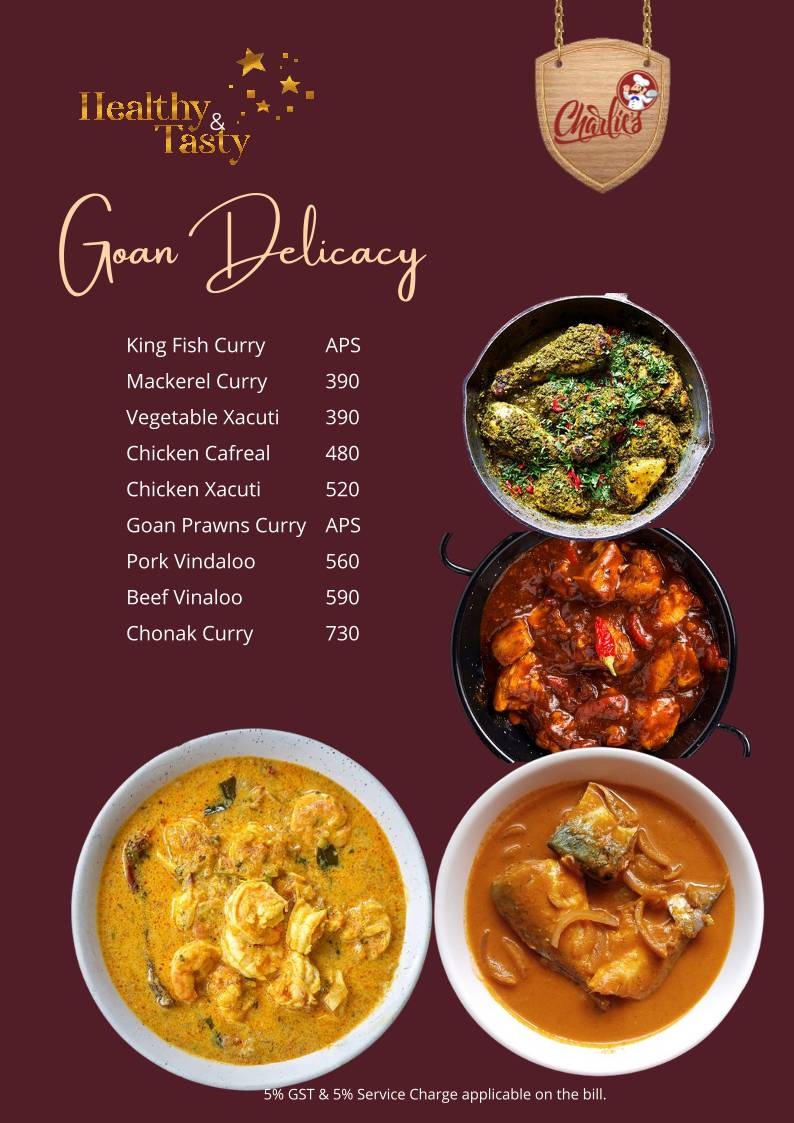 Charlie's Restaurant and Bar Restaurant in Vagator menu