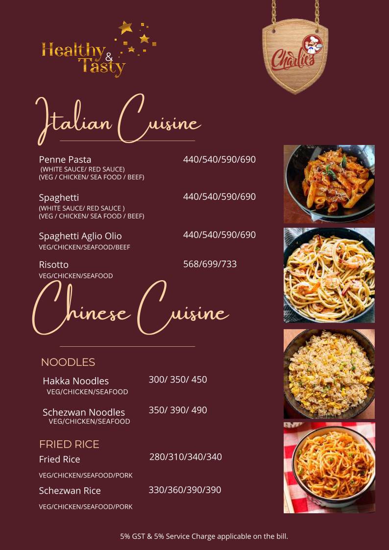 Charlie's Restaurant and Bar Restaurant in Vagator menu