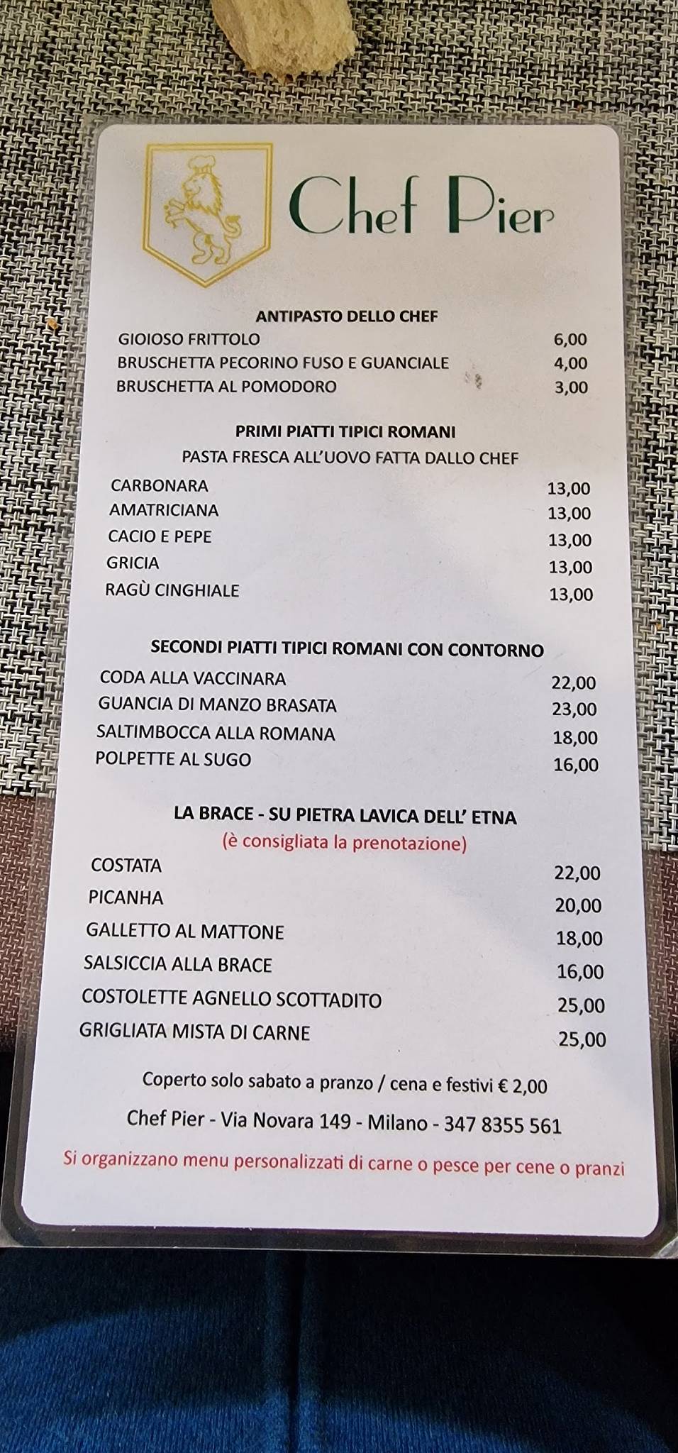 Menu di Trattoria Romana - Piatti Tipici e Grastronomia Chef Pier 