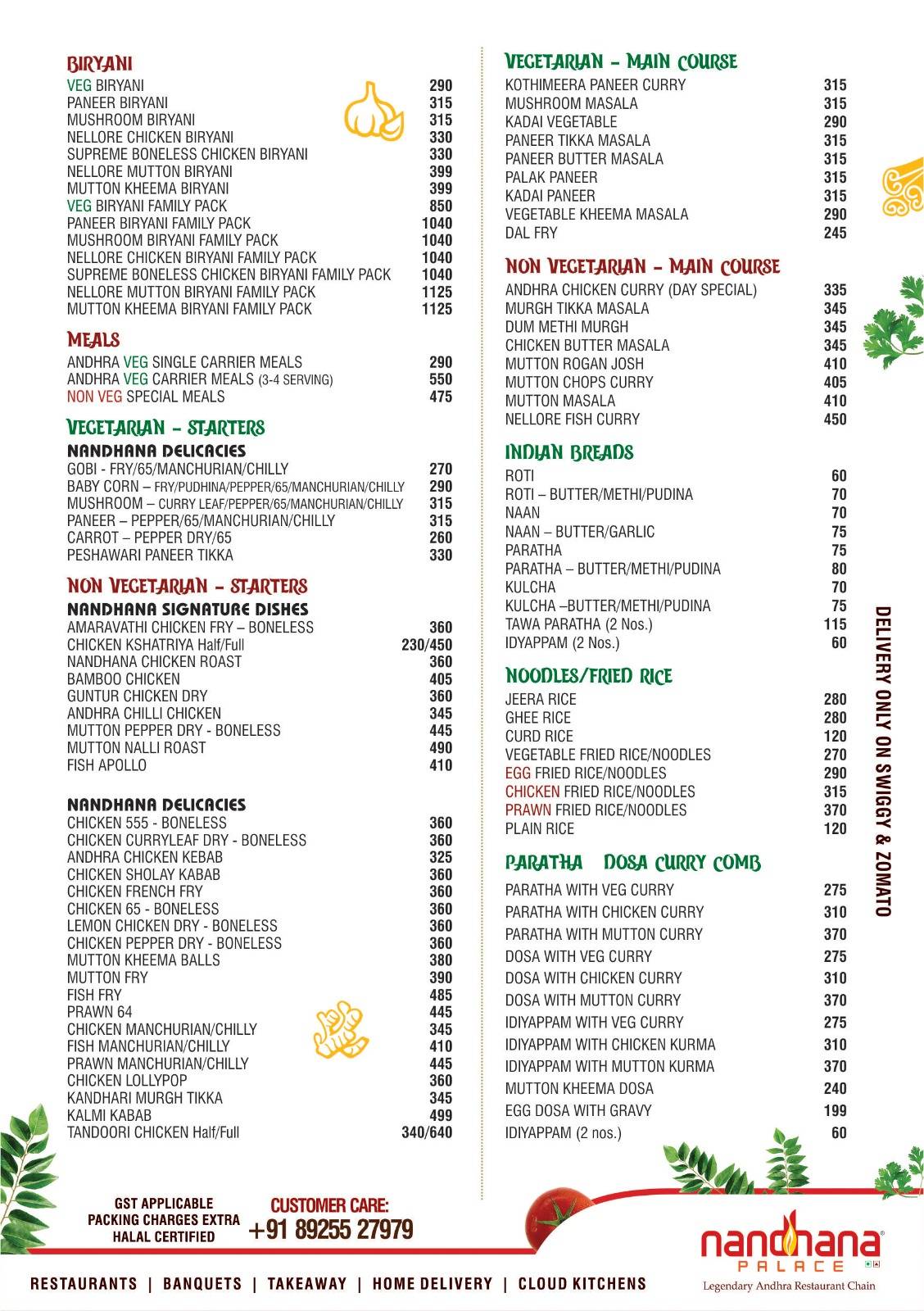 Nandhana Palace - Andhra Style Restaurant - Mount Road menu