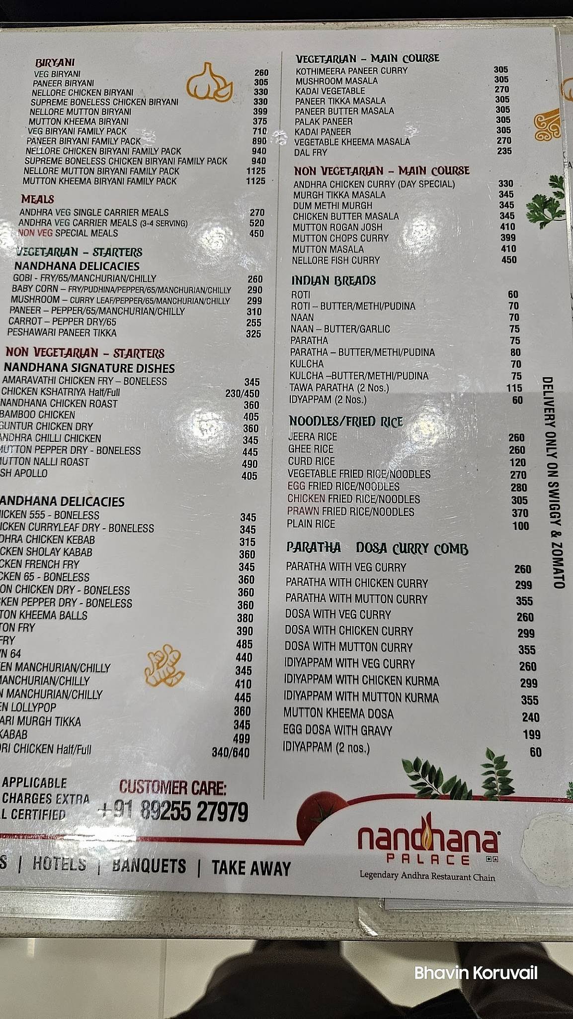 Nandhana Palace - Andhra Style Restaurant - Mount Road menu