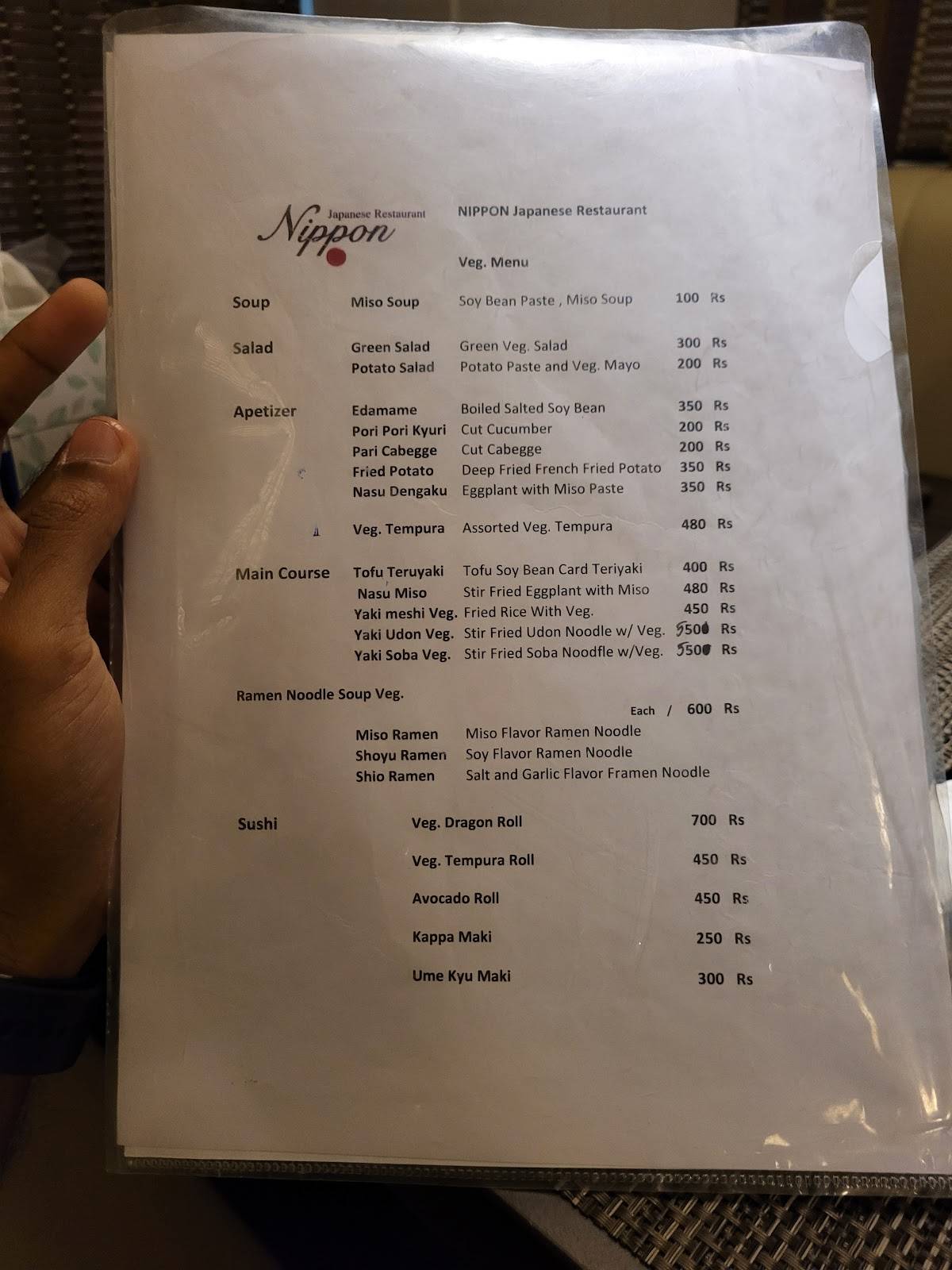 Menu at Nippon Japanese restaurant, Chennai
