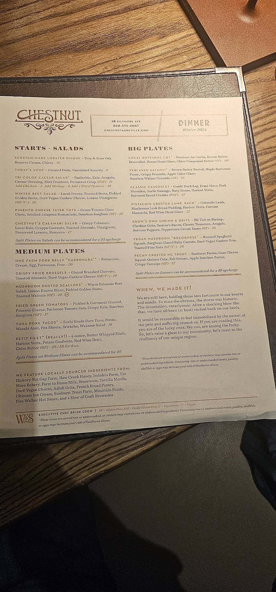 Menu at Chestnut restaurant, Asheville