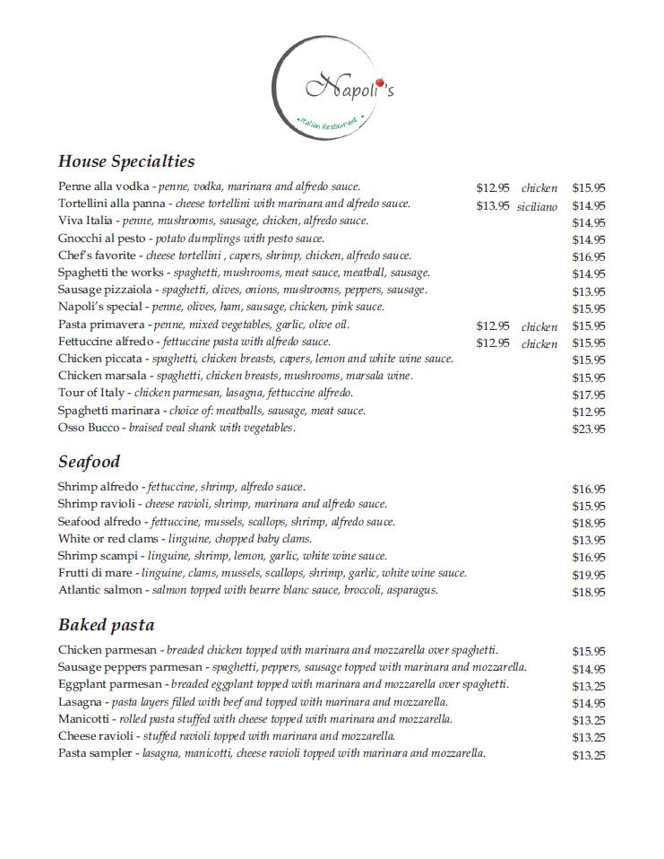 Menu at Napoli's pizzeria, Cheyenne