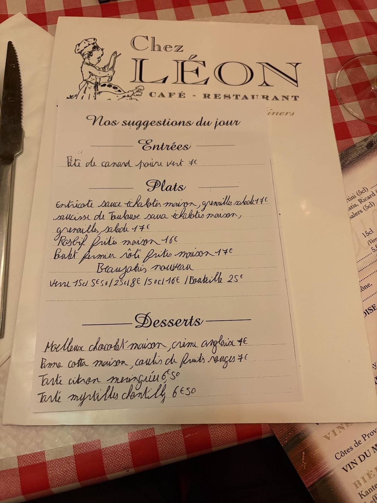 Menu de Chez Léon