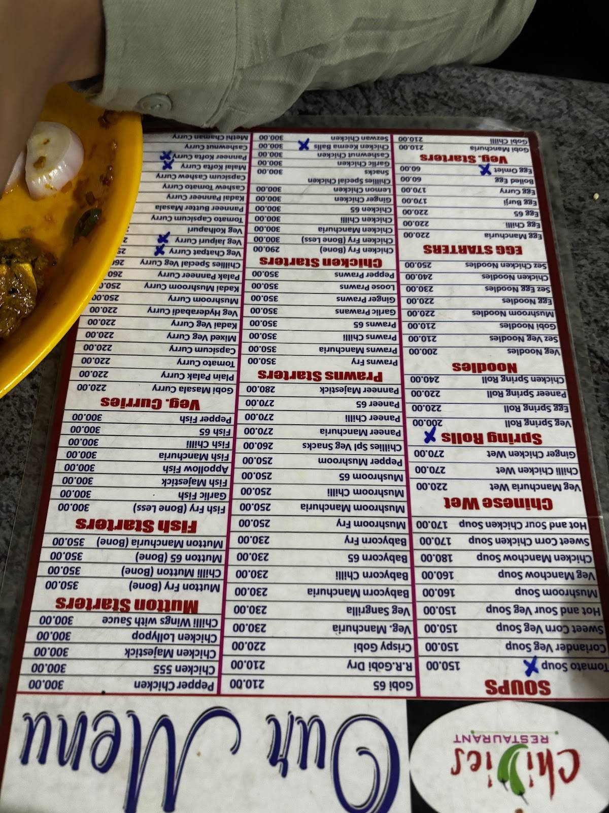 Chillies Restaurant menu
