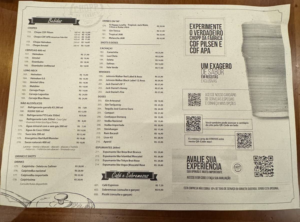 Chopp da Fábrica Pampulha cardápio