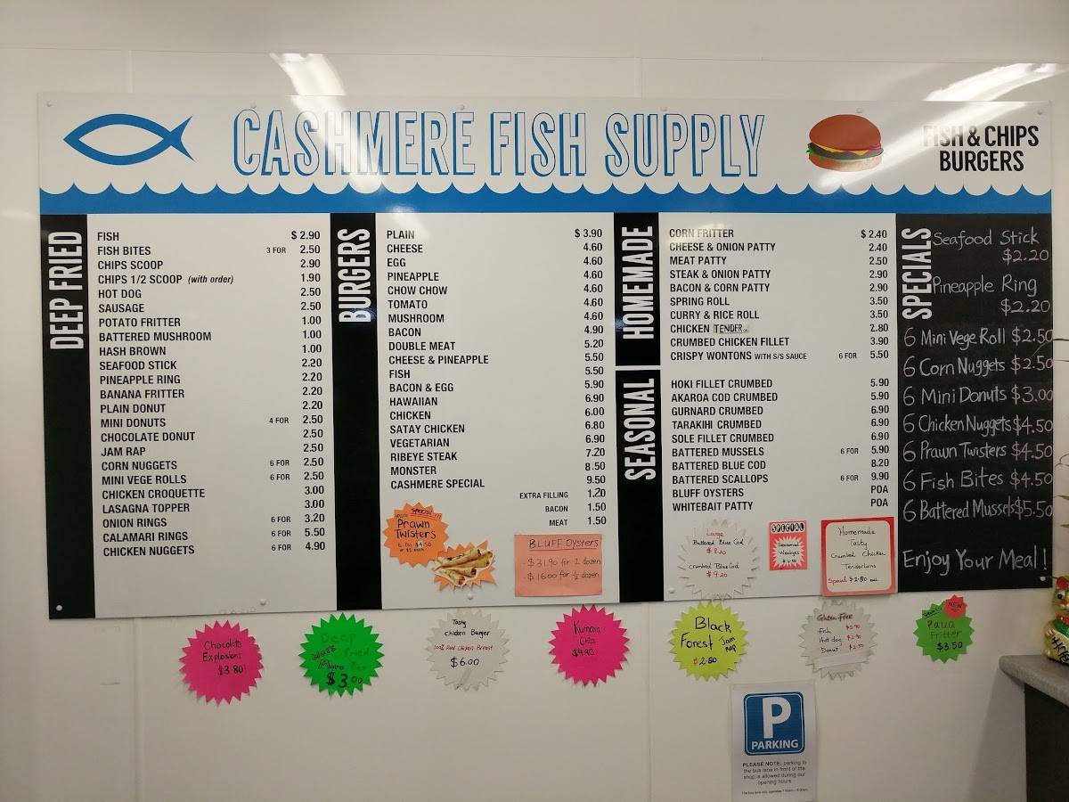 Menu at Cashmere Fish Supply restaurant, Christchurch