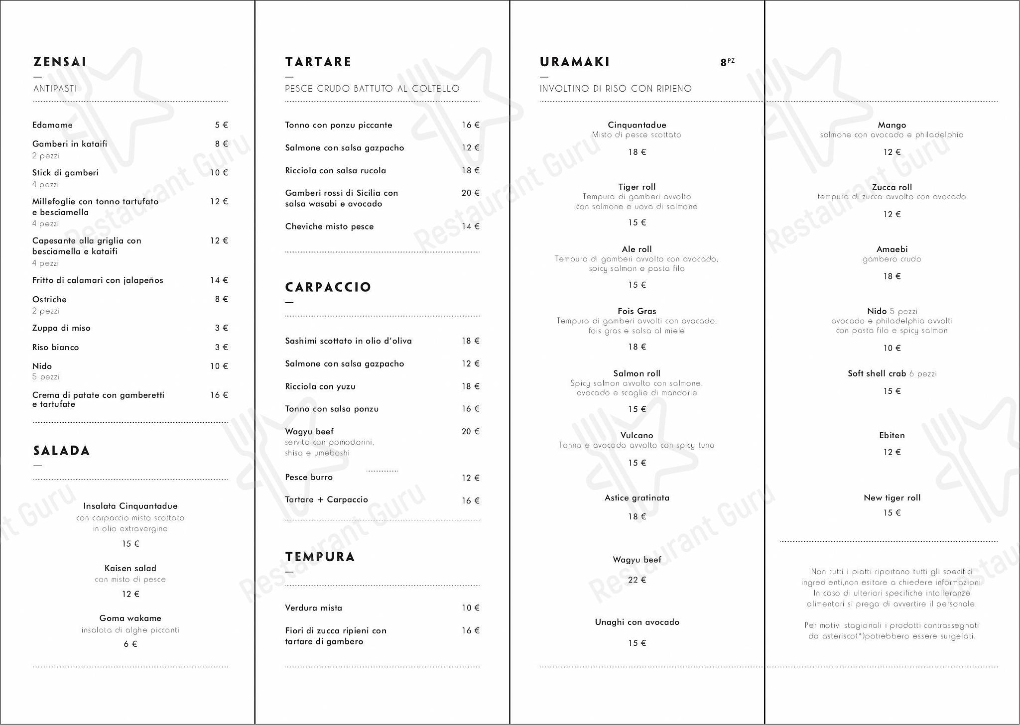 Menu di Cinquantadue Milano - Menu
