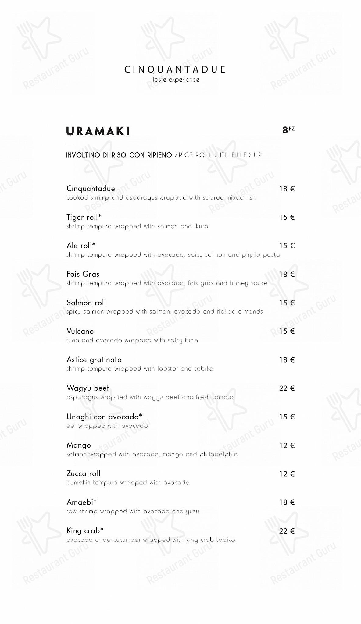 Menu per Cinquantadue Milano ristorante