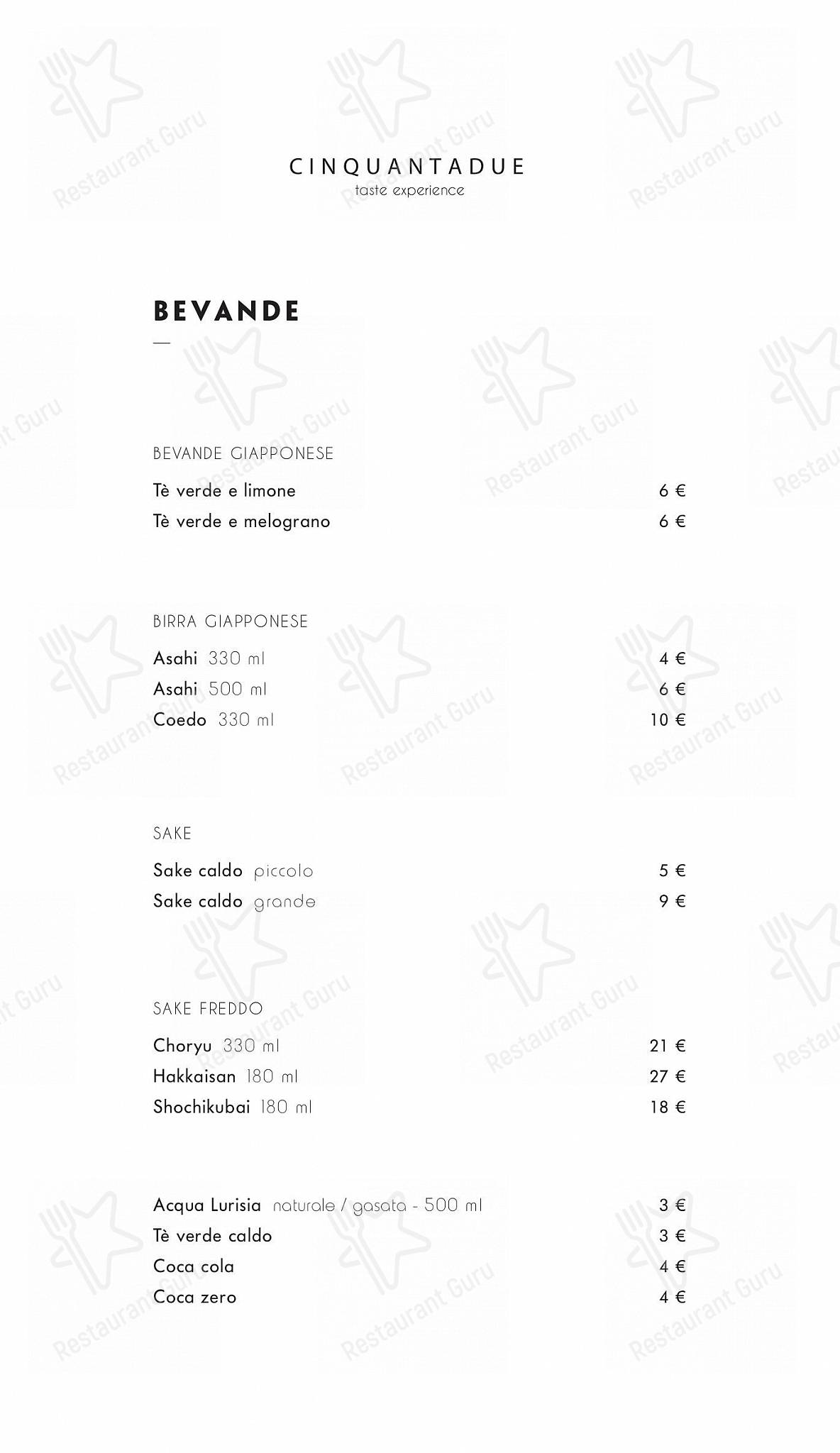 Menu per Cinquantadue Milano ristorante