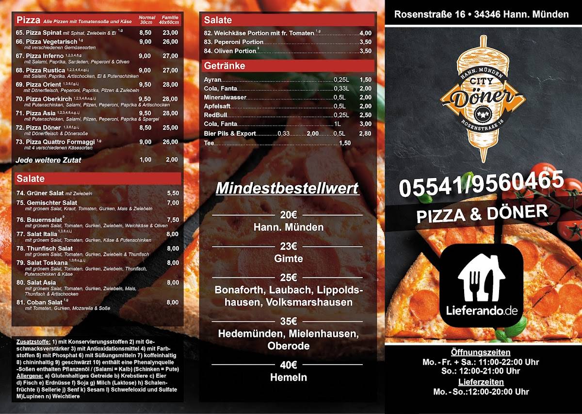 Speisekarte von City Döner pizza, Hann. Münden