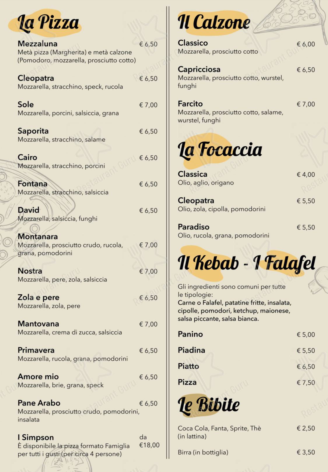 Menu per Cleopatra ristorante