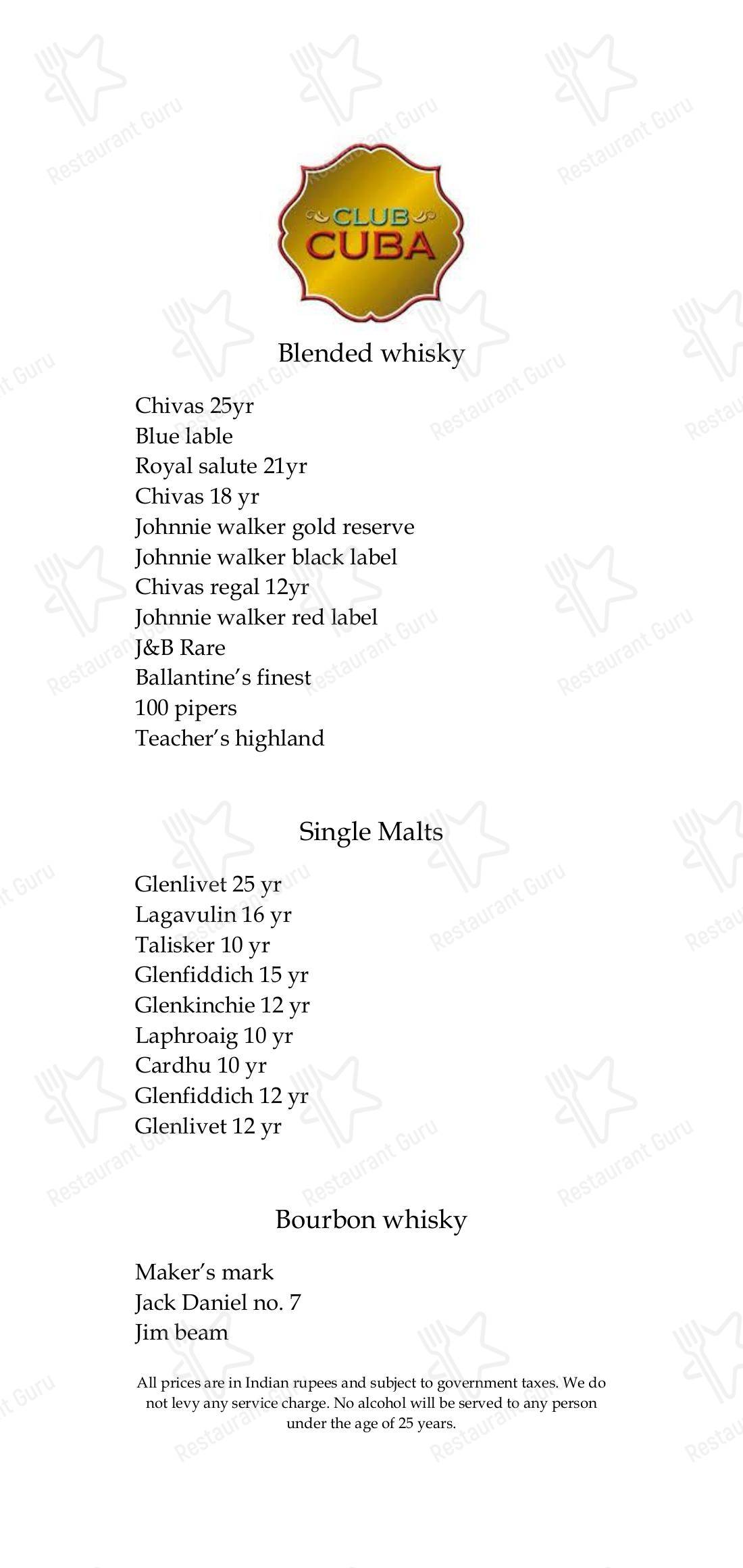 Club Cuba in New Delhi - Menu