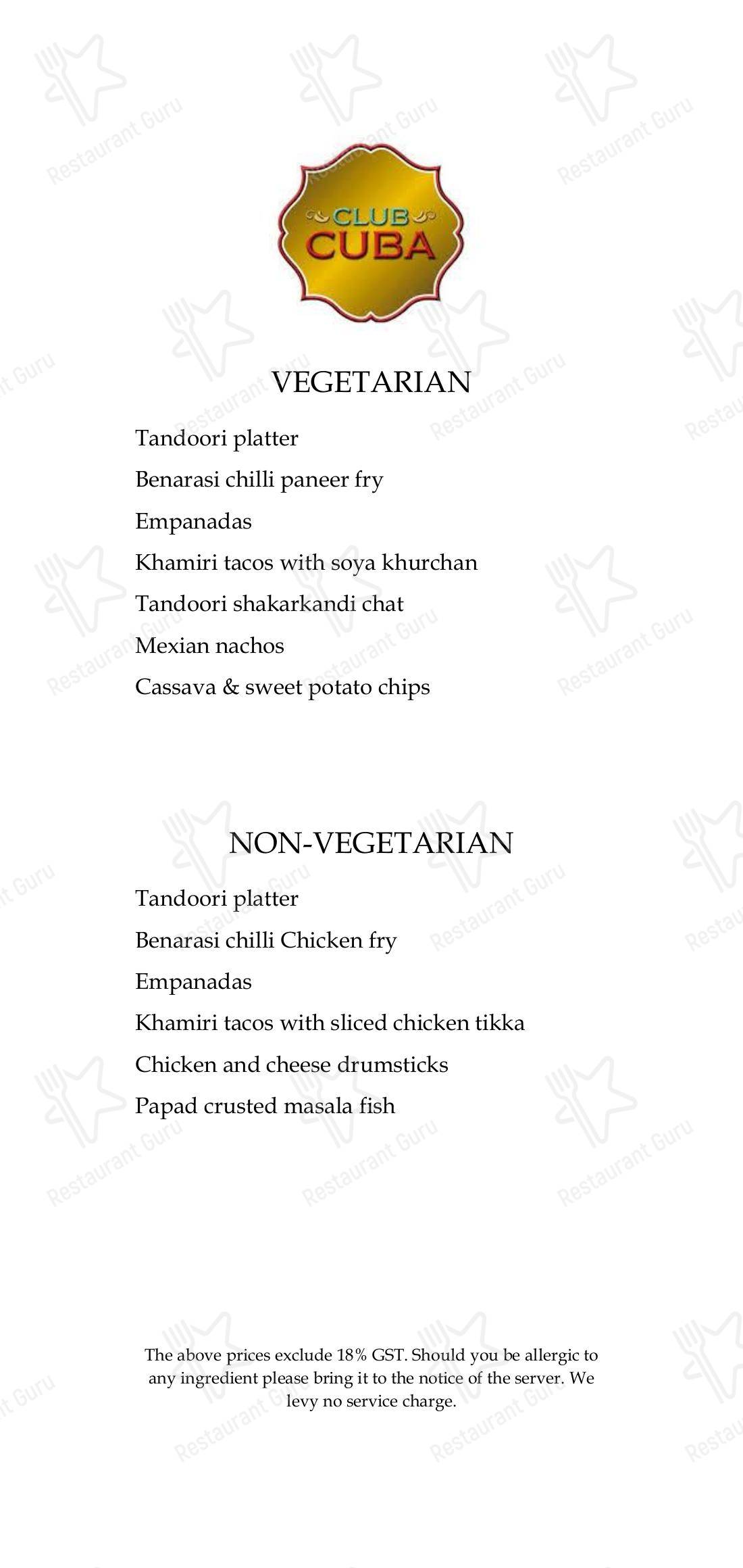 Menu for the Club Cuba pub & bar