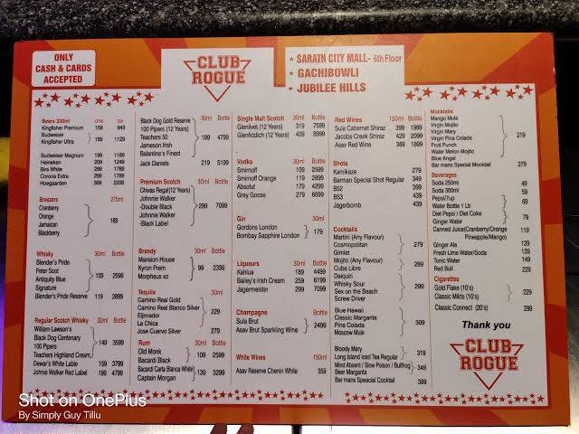 Club Rogue Kondapur menu