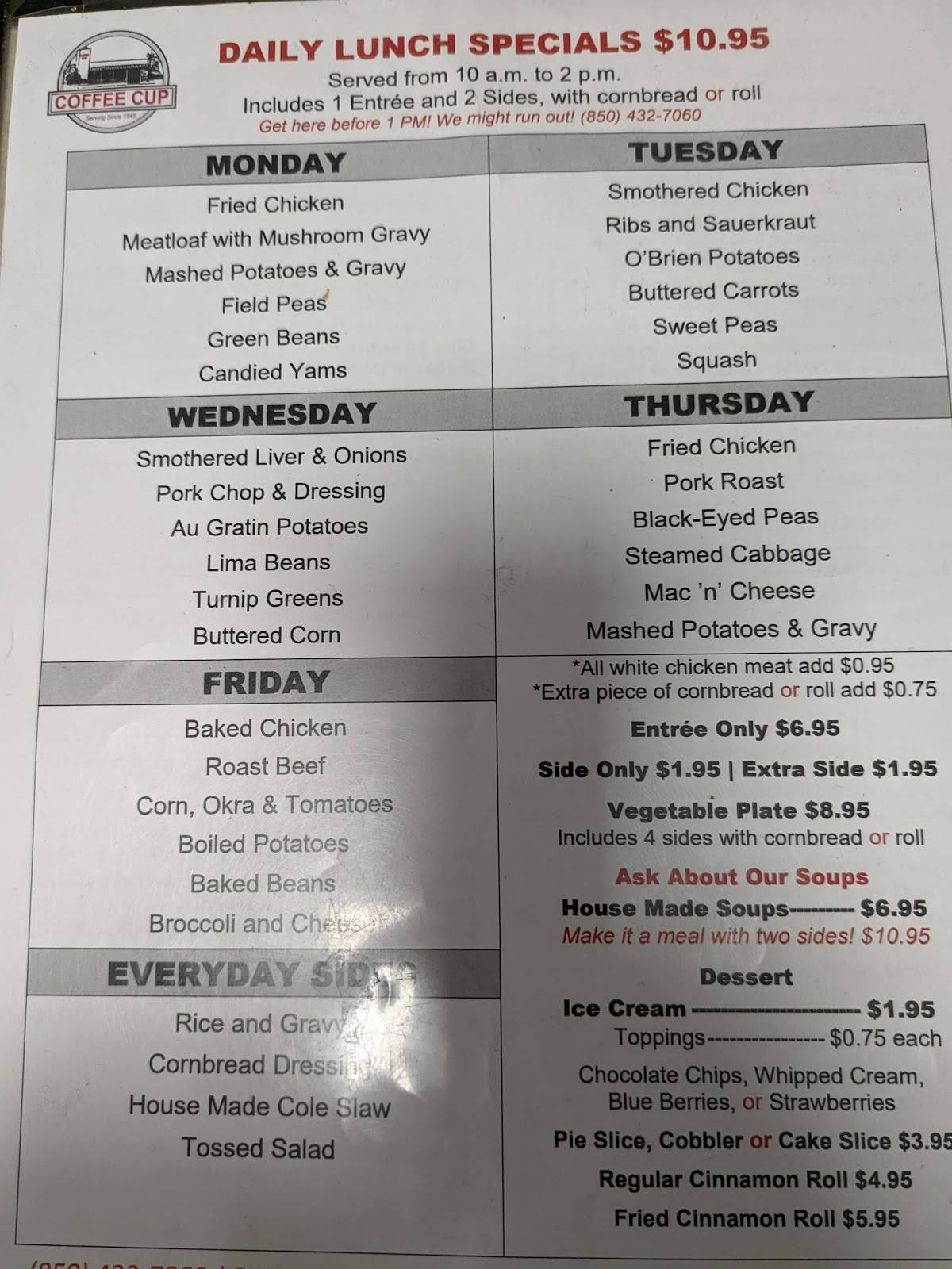 Menu at Coffee Cup Restaurant, Pensacola
